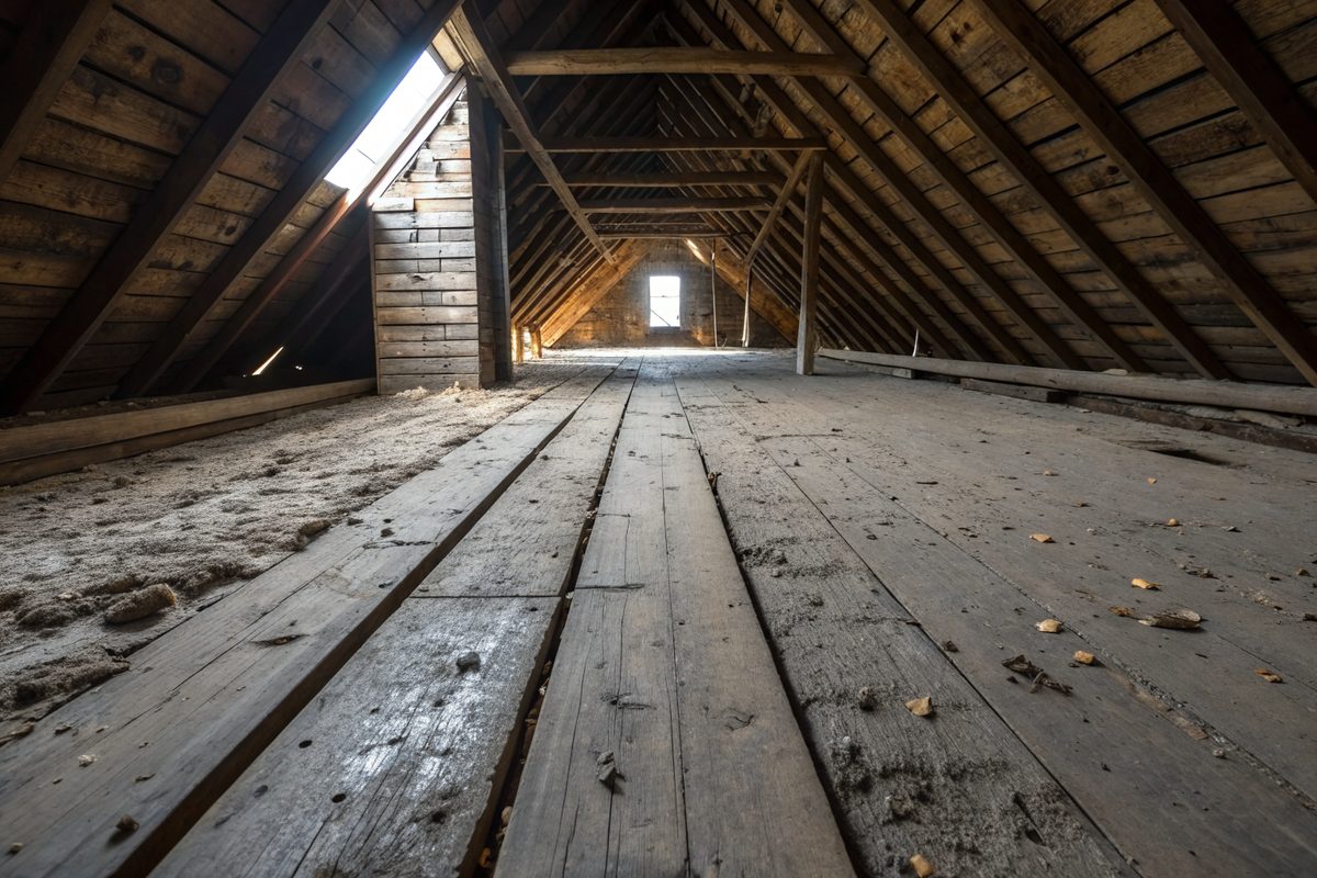 Old plank roof boards in an attic with water stains and a gap of daylight