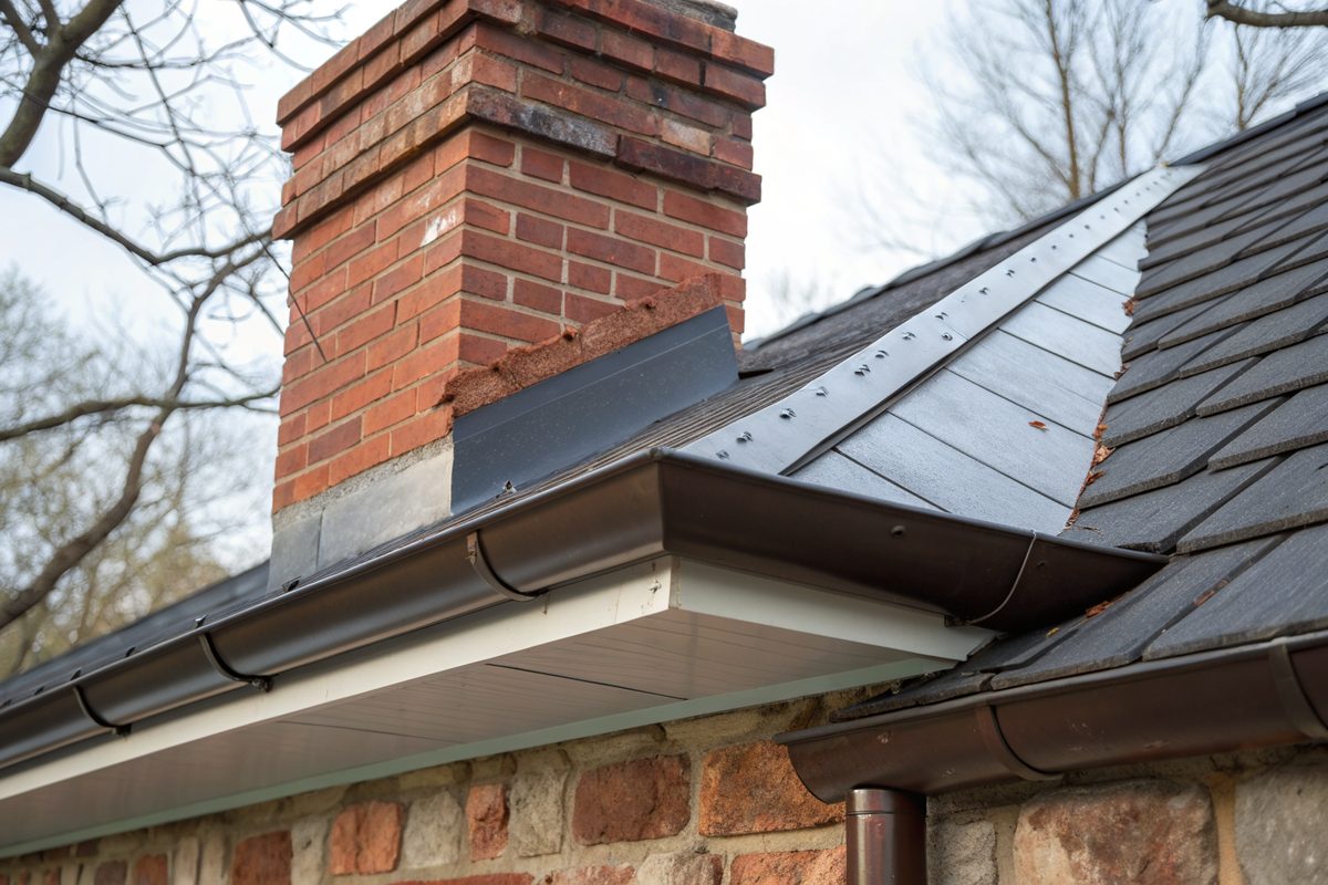 New metal flashing where a shingle roof meets a brick chimney