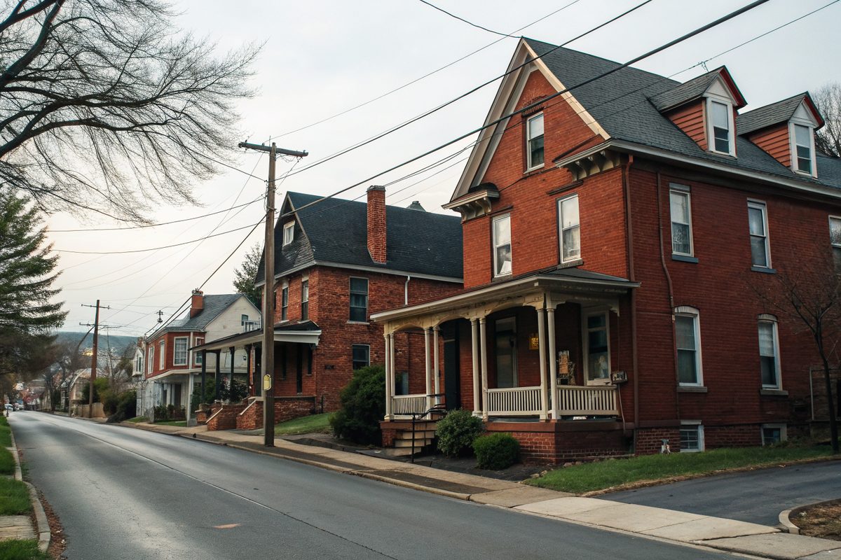 A street of two-story red brick twin houses with porches