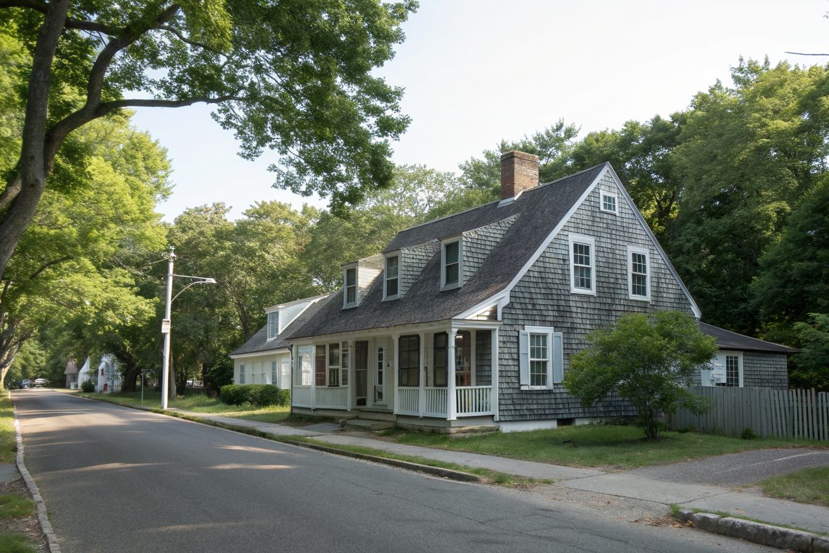 A Cape Cod house with dormers and a dark gray shingle roof