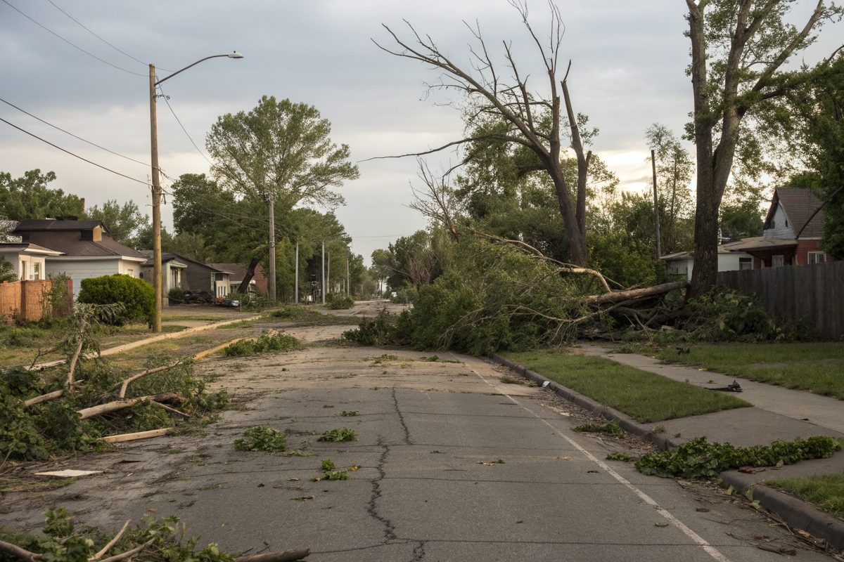 Downed trees and broken limbs along a suburban street after a windstorm