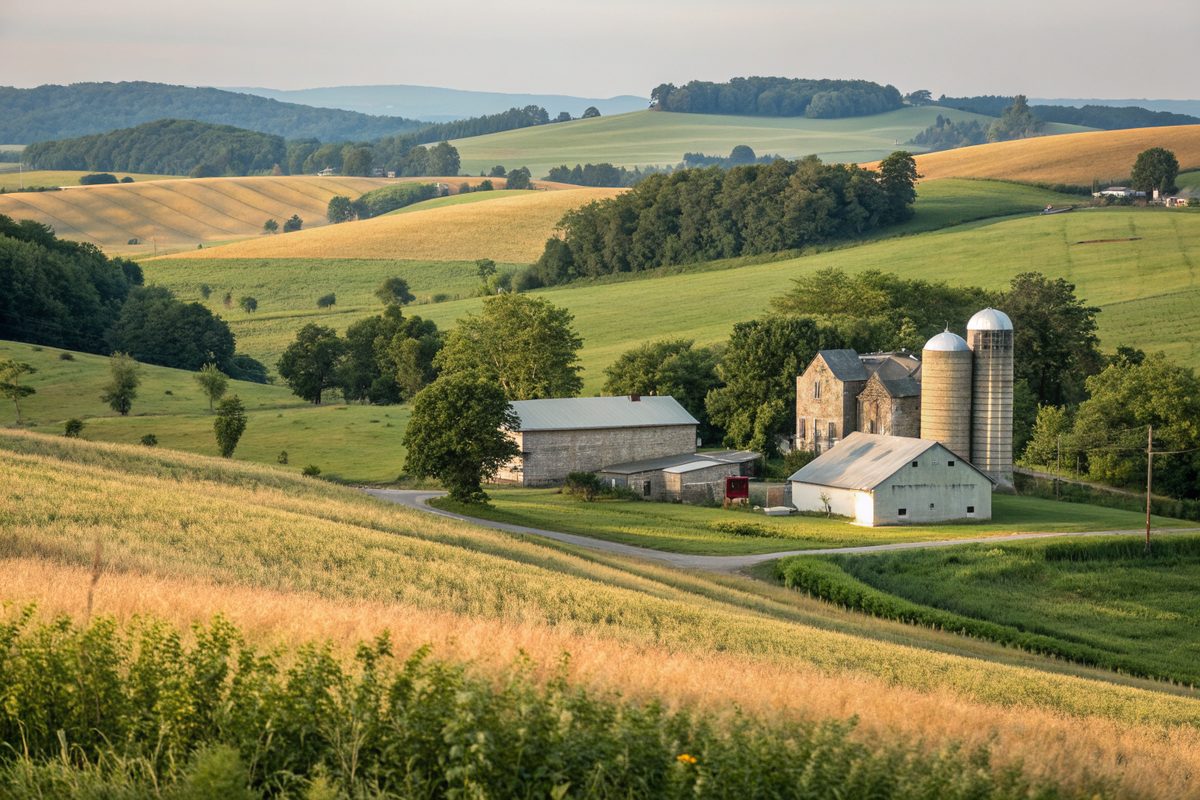 Farm fields with a stone farmhouse and silos on rolling hills