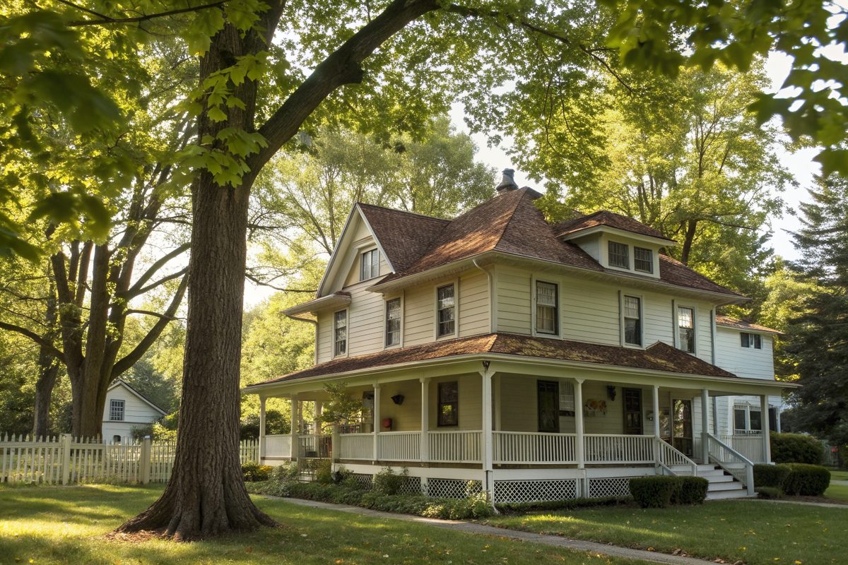A foursquare house with a deep front porch and a brown shingle roof