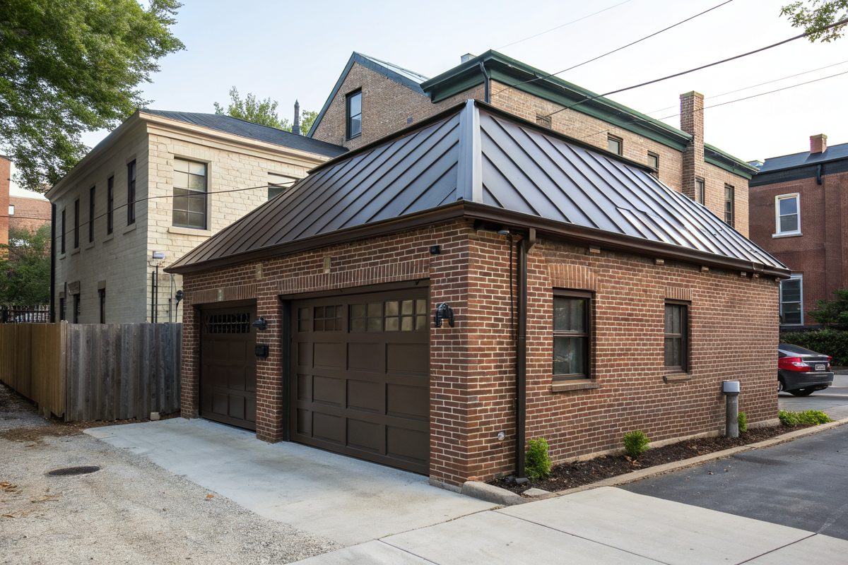 An old brick garage with a new dark bronze standing-seam metal roof