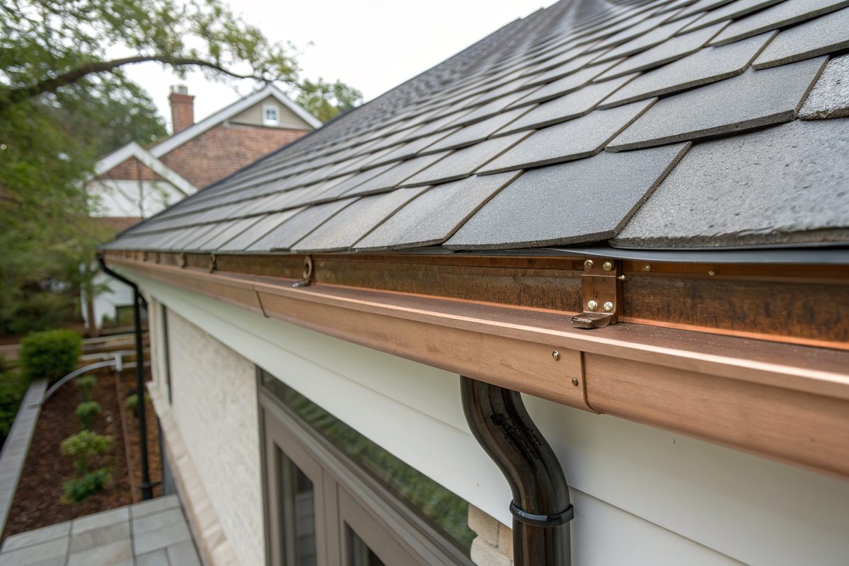 A new metal drip edge and gutter at the eave of a newly shingled roof