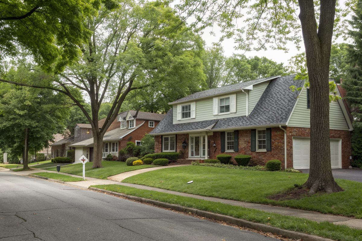A brick split-level house with a gray shingle roof under maple trees