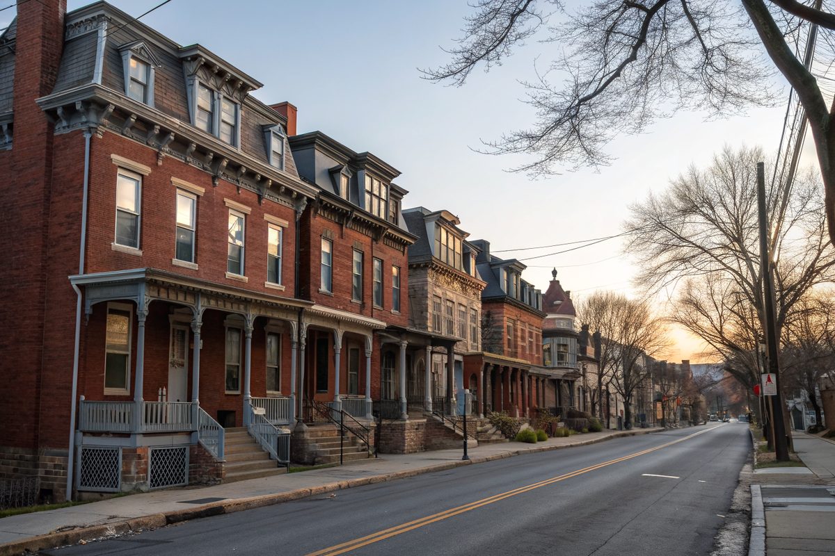 Historic brick row houses with ornate cornices along a city street