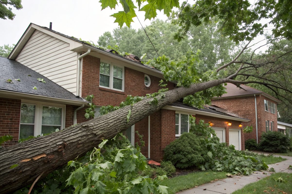A large maple limb across the roof of a brick house after a storm