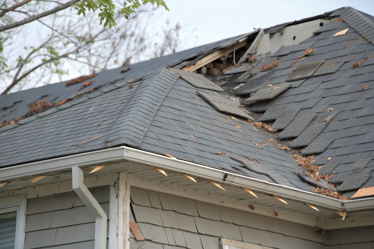 Missing and torn shingles along a roof ridge after high winds