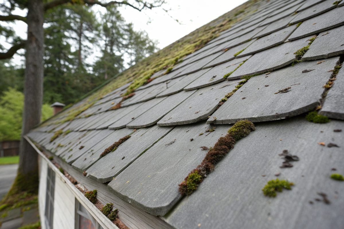 Moss and dark streaks on an aging gray shingle roof