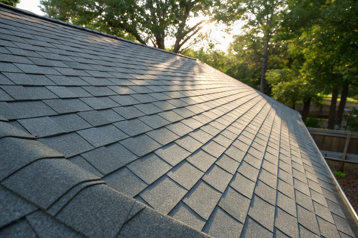 Close view of new pewter gray architectural shingles