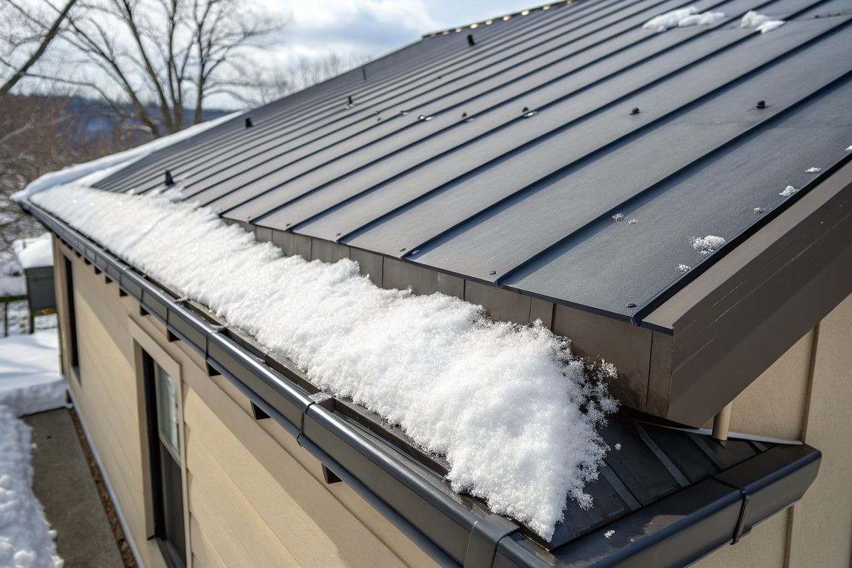 A charcoal standing-seam metal roof with snow sliding off