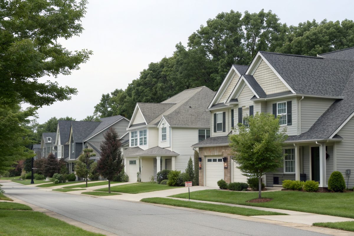 Two-story colonial houses with gray shingle roofs in a newer subdivision