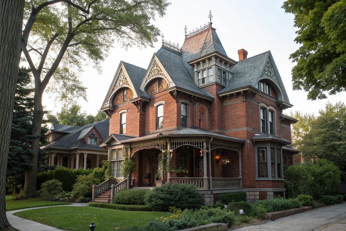 A Victorian brick twin house with a slate roof and decorative trim